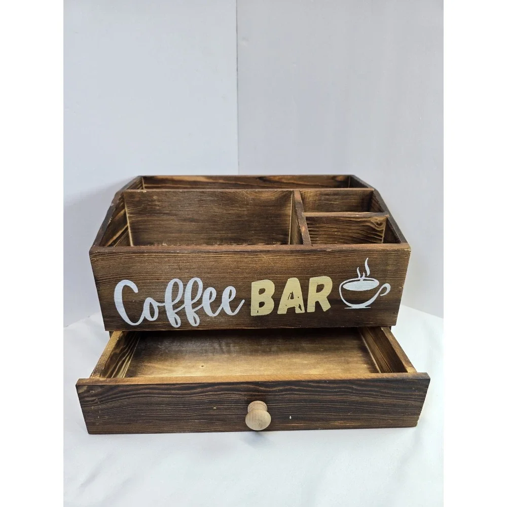 Rustic Wood Coffee Bar Organizer Countertop Station Drawer Farmhouse Decor